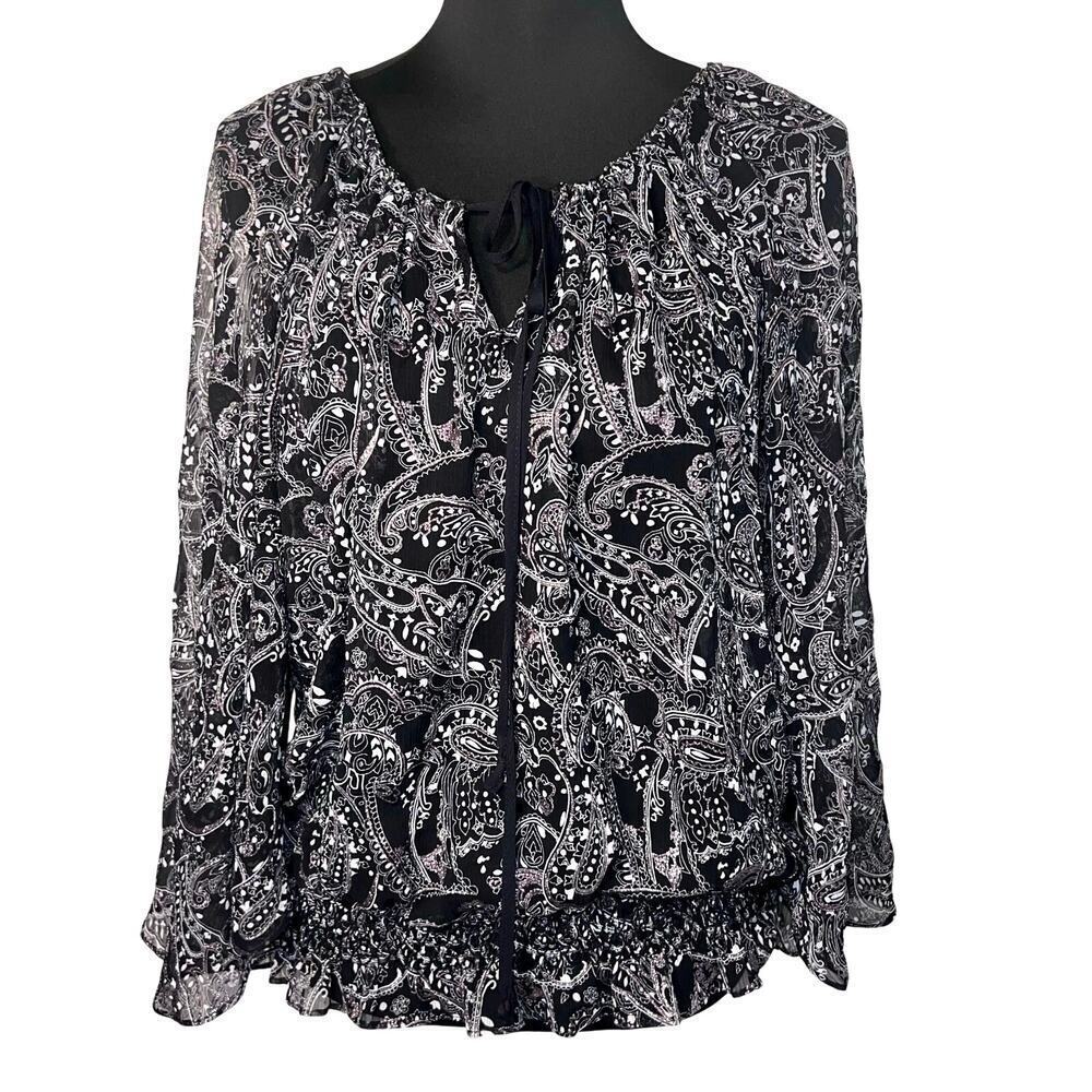 Nicole‎ Miller Woman Size M, Sheer Black Gold Metallic Smocked FairyGoth Blouse